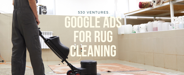 A visually engaging graphic showing a sparkling clean rug with icons representing different Google Ads features like targeting, keyword research, and ROI optimization, symbolizing the comprehensive guide for rug cleaning businesses in 2024.